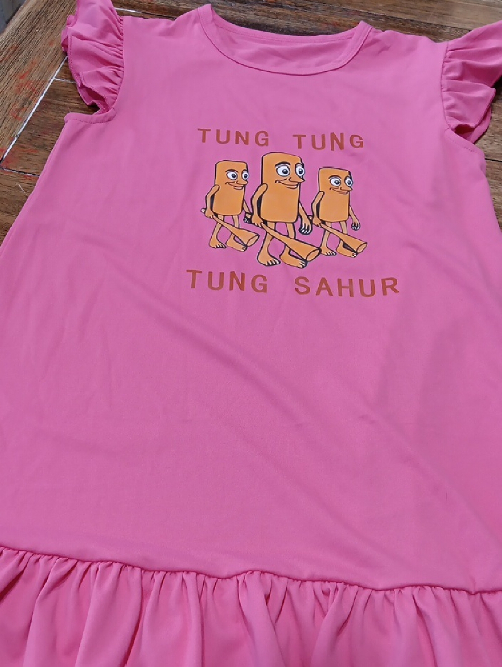 Pink Ruffle Sleeve Graphic Dress - "Tung Tung" Print